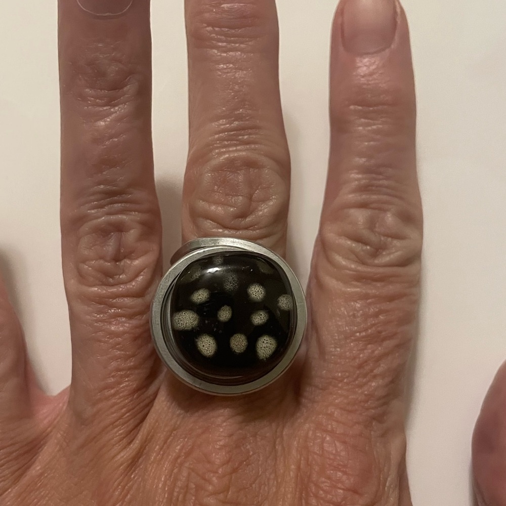 Handmade ring costume silver wrapped with large, black stone, adjustable size